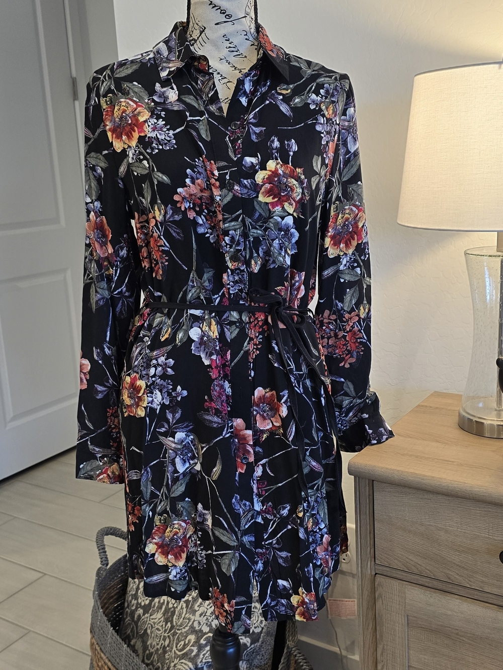 Black Floral Long-Sleeve Belted Shirt Dress